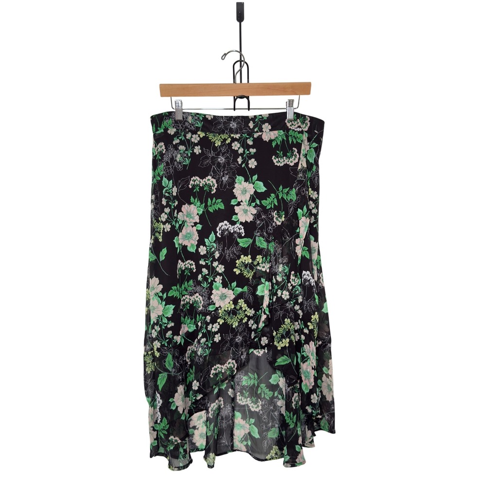 ROZ & ALI 1X Green Black Floral Midi High Low Whimsigoth Skirt Grunge Fairycore